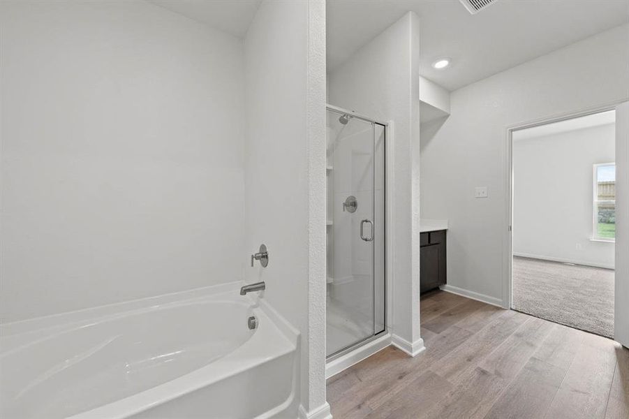 Bathroom with wood-style floors, separate shower and tub, and vanity