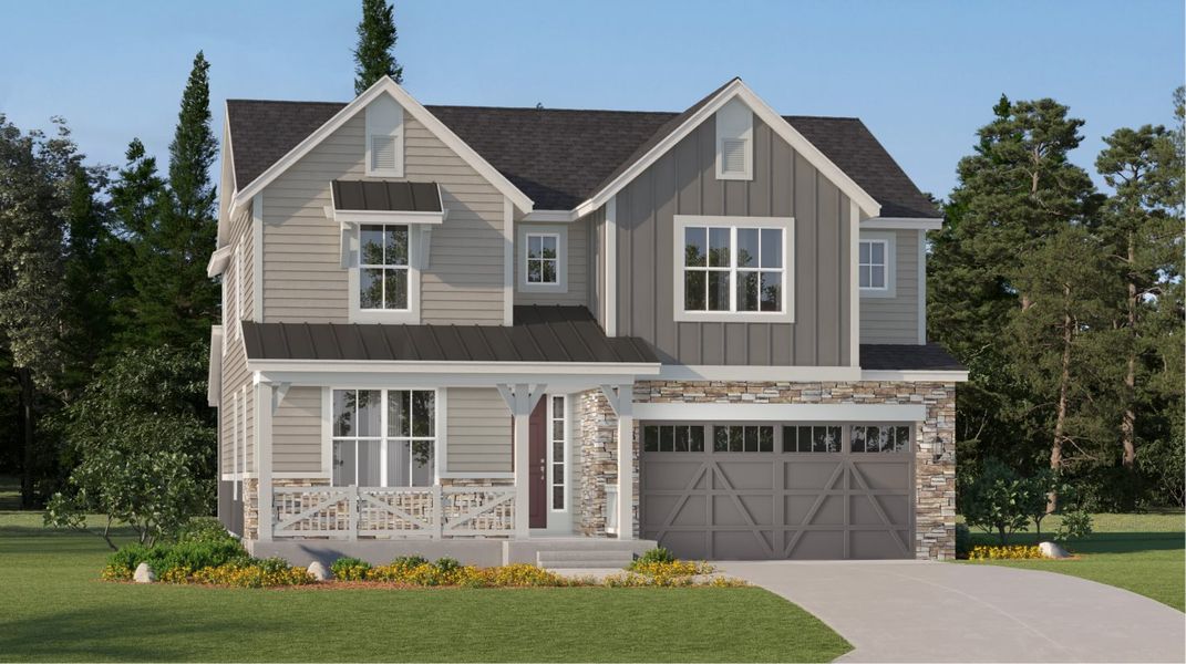 Front exterior of a new home in Newlin Crossing, Parker, CO, highlighting curb appeal (Image 1). Front exterior of a new home in Newlin Crossing, Parker, CO, highlighting curb appeal (Image 1).