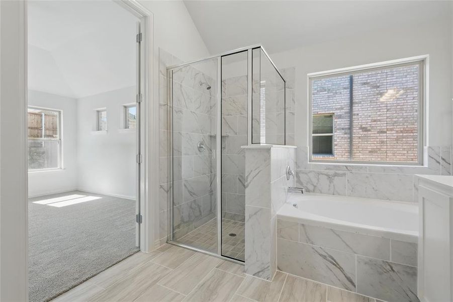 Full bathroom with a garden tub, a shower stall, plenty of natural light, and vaulted ceiling