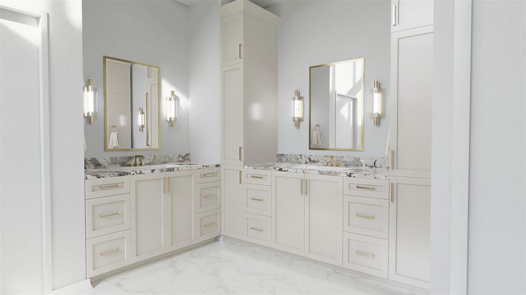 Indulge in the spa-like atmosphere of this beautifully appointed primary bathroom. It features an expansive dual vanity layout with custom shaker-style cabinetry, a towering center linen closet for maximum storage, and striking quartzite countertops.The elegant brushed gold hardware perfectly complements the gold-framed mirrors and modern sconce lighting. Indulge in the spa-like atmosphere of this beautifully appointed primary bathroom. It features an expansive dual vanity layout with custom shaker-style cabinetry, a towering center linen closet for maximum storage, and striking quartzite countertops.The elegant brushed gold hardware perfectly complements the gold-framed mirrors and modern sconce lighting.