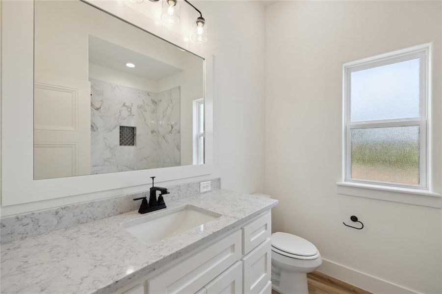 Bathroom featuring a shower, vanity, toilet, and a wealth of natural light