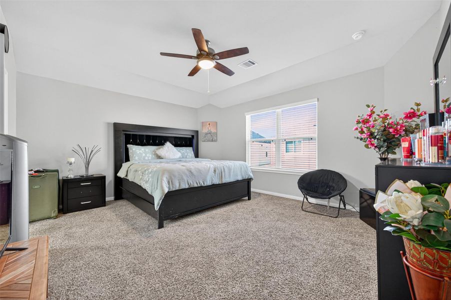 This spacious bedroom features a large bed with a stylish headboard, a ceiling fan, and neutral carpet. It has ample natural light from a sizable window, modern furnishings, and decorative plants, creating a cozy and inviting atmosphere.