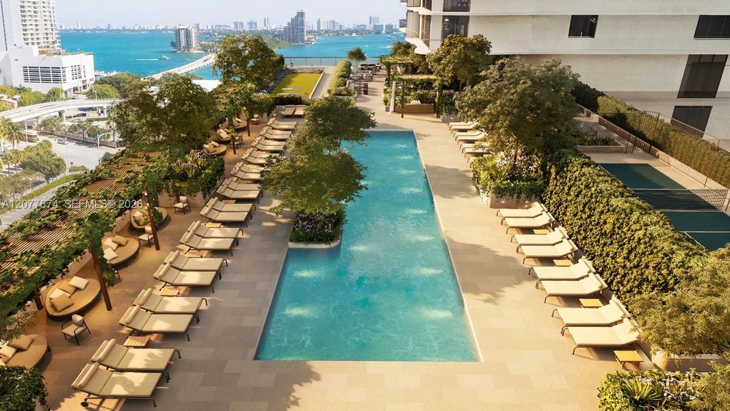 Developer rendering of the 11th-floor pool deck and pickleball court. For illustrative purposes only.