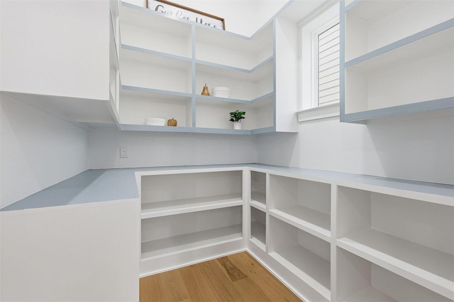 An expansive walk-in pantry offers generous storage and custom shelving, enhanced by a pocket door for seamless flow.