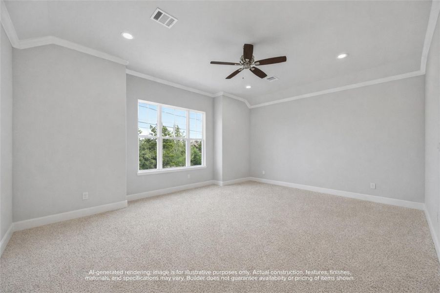 Primary Retreat: A spaciously lit sanctuary, complete with a ceiling fan for personalized comfort and views overlooking the front of the home.