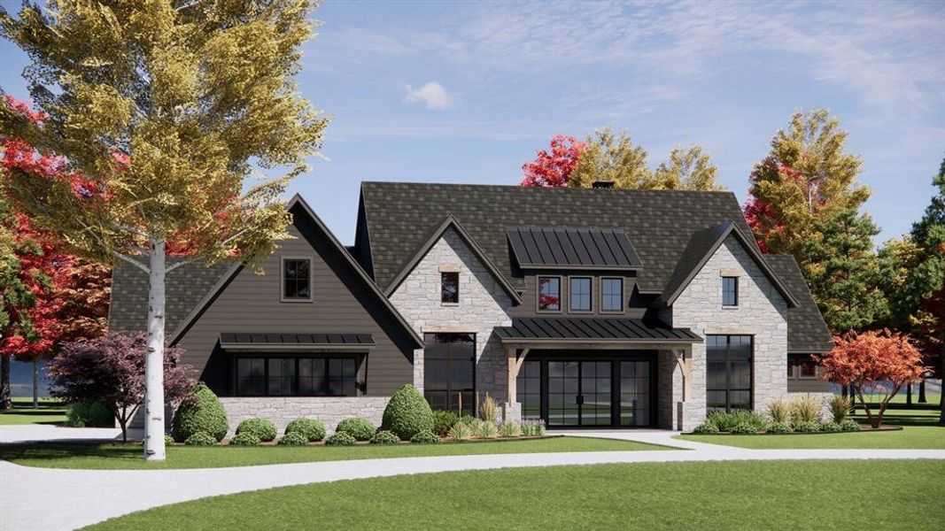 View of front of property with a standing seam roof, stone siding, and a metal roof