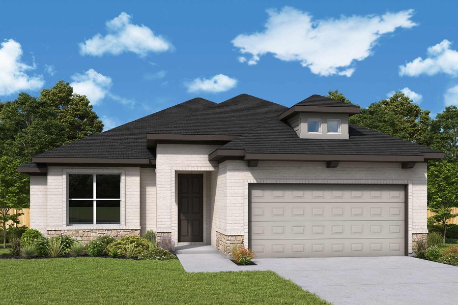 Representative exterior photo of a completed home built from the The Periwinkle by David Weekley Homes in Flat Creek, Castroville, TX (Image 2).