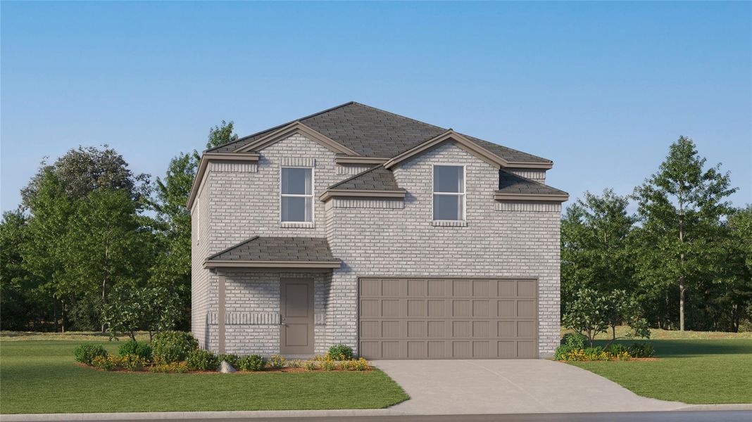 Front exterior of a new home in The Grand Prairie, Hockley, TX, highlighting curb appeal (Image 1). Front exterior of a new home in The Grand Prairie, Hockley, TX, highlighting curb appeal (Image 1).