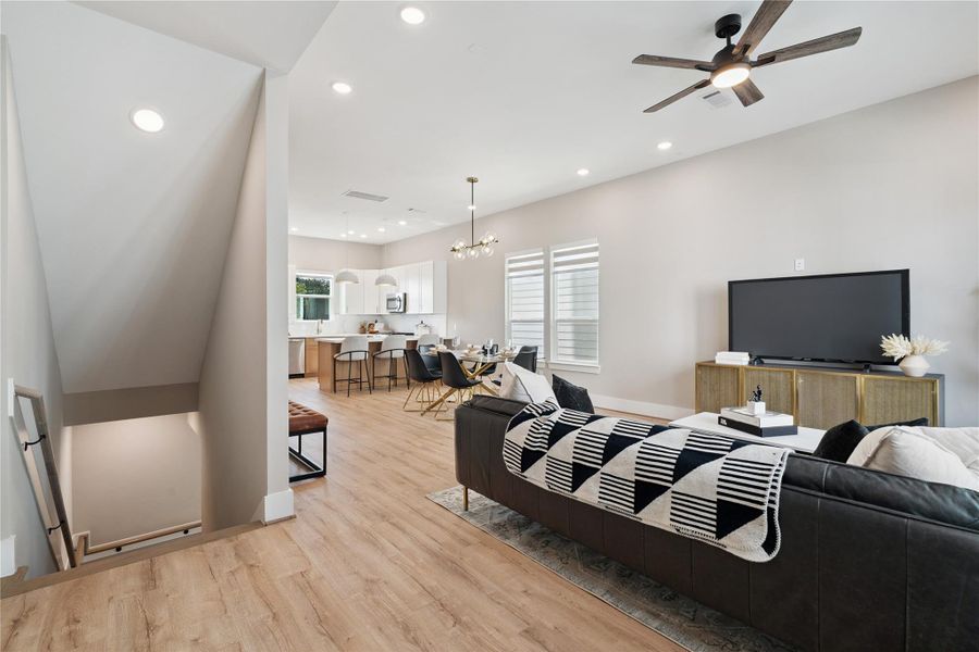 With soaring ceilings and uninterrupted sightlines, the second level reflects a deliberate blend of function and fluidity.