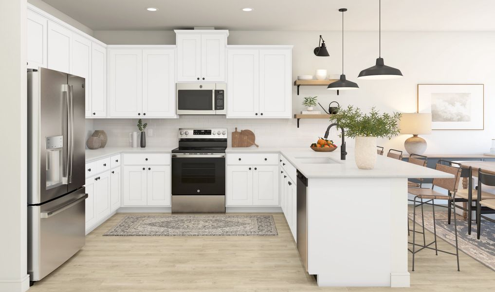 Kitchen with pendant lights & floating shelves