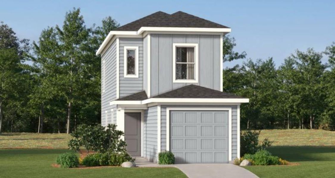 Front exterior of a new home in Sila: Wellton Collection, Huffman, TX, highlighting curb appeal (Image 1).