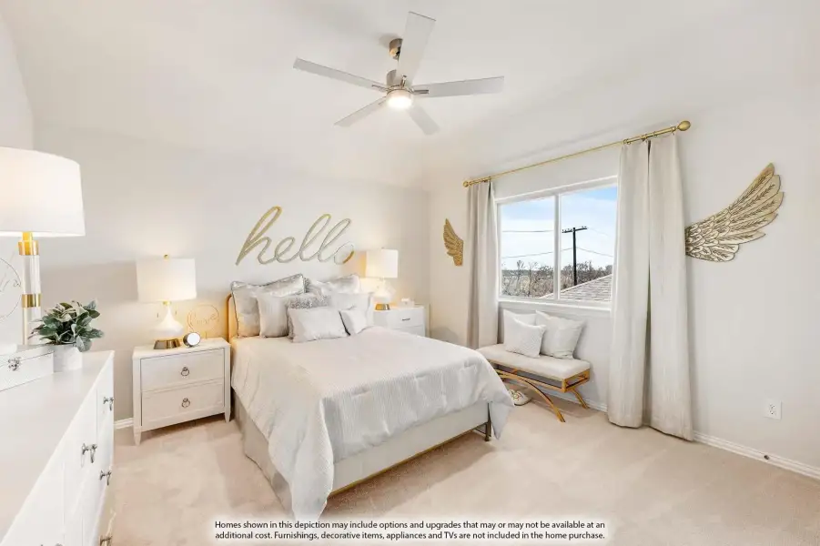 Bedroom with queen bed, ceiling fan, white dresser, and window with bench seat