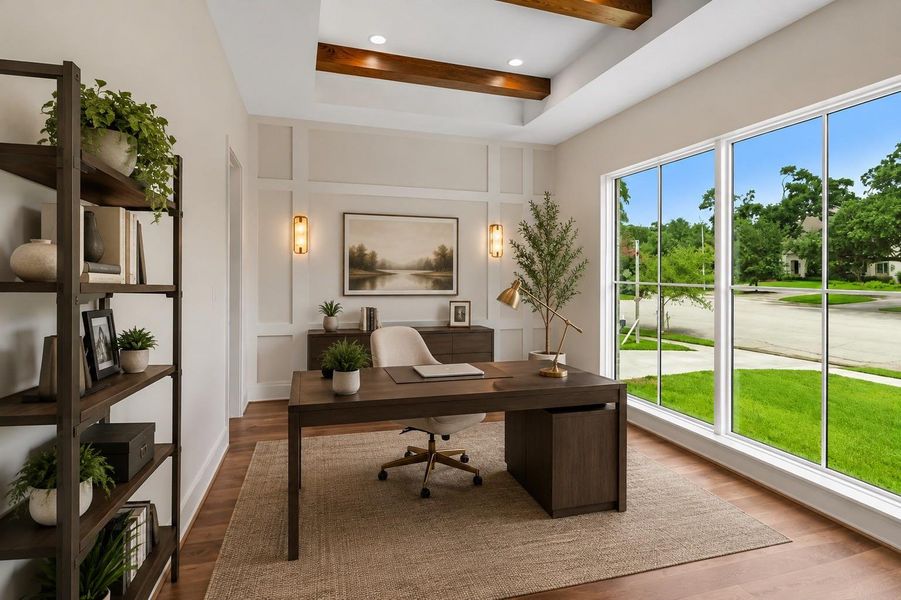 This beautifully designed home office combines refined style with exceptional functionality, featuring custom millwork, oak beams, designer lighting, and an expansive picture window that fills the space with natural light and peaceful neighborhood views. Virtually staged to illustrate furnishing possibilities