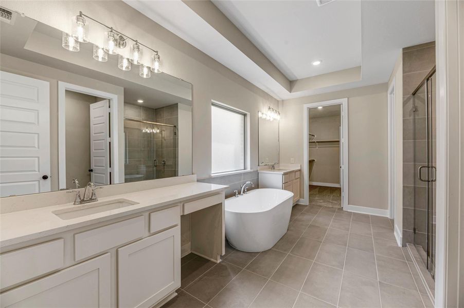 Full bathroom featuring two vanities, light tile patterned flooring, a shower stall, a freestanding tub, and a spacious closet