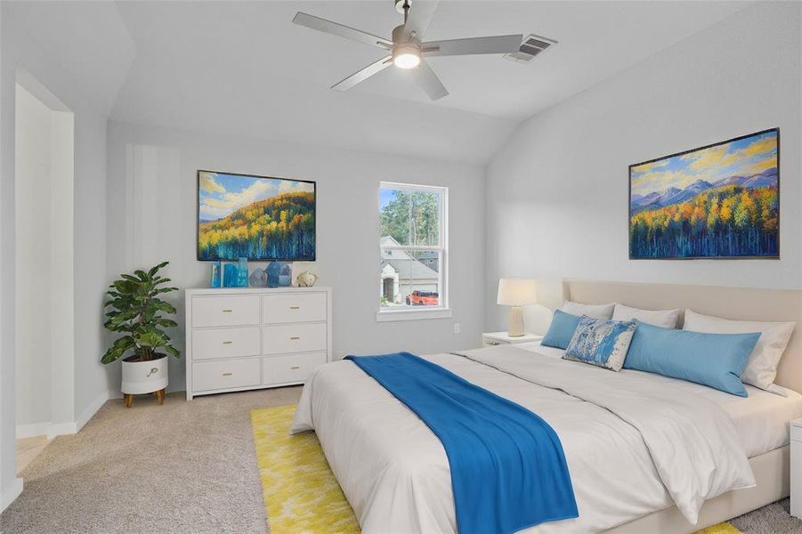 Secondary bedroom features plush carpet, custom paint, stained ceiling fan with lighting, large window with privacy blinds, and its own private vanity into shared toilet and tub area.