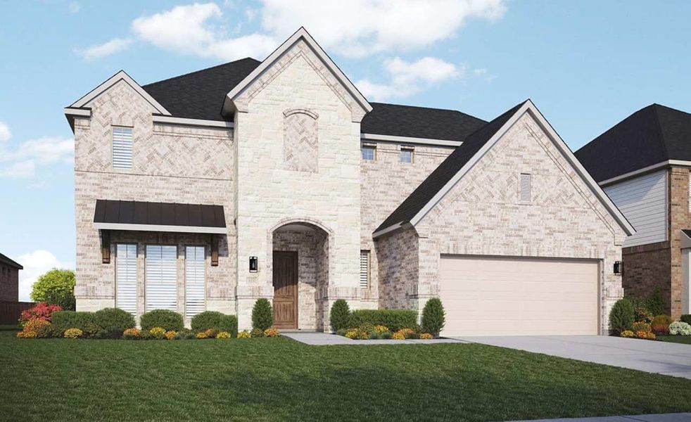 Front exterior of a new home in Brookewater, Rosenberg, TX, highlighting curb appeal (Image 1).
