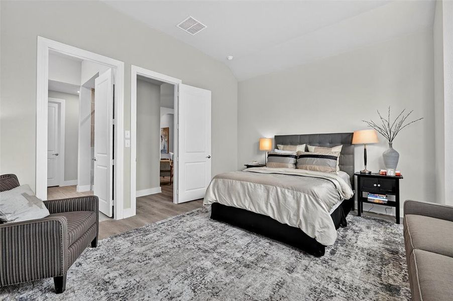 Bedroom featuring wood finished floors and lofted ceiling Bedroom featuring wood finished floors and lofted ceiling