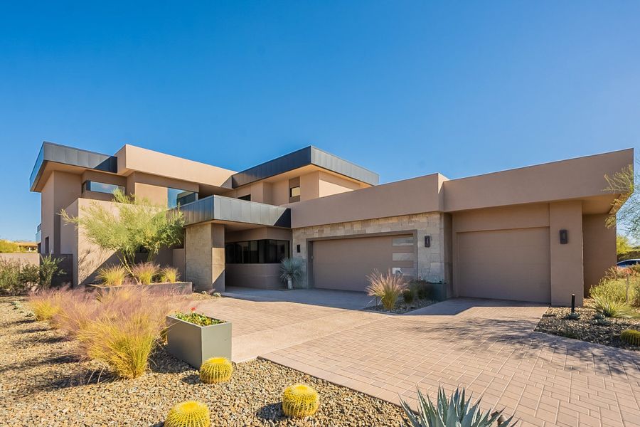 Front exterior of a new home in Village at Seven Desert Mountain, Scottsdale, AZ, highlighting curb appeal (Image 2).