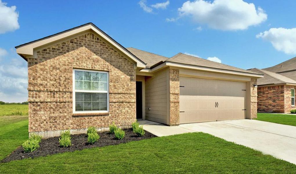 Angled shot of Frio exterior featuring window with brick detailing around it and two-car garage.