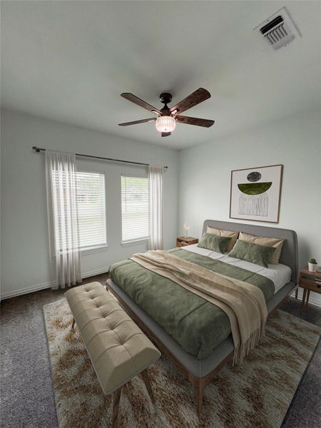 Bedroom with carpet, visible vents, baseboards, and ceiling fan Bedroom with carpet, visible vents, baseboards, and ceiling fan