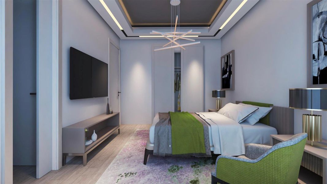 This modern bedroom features a cozy bed with green accents, stylish lighting, and a mounted TV. The room has a sleek design with a neutral color palette, contemporary furniture, and an inviting atmosphere. Virtually staged. This modern bedroom features a cozy bed with green accents, stylish lighting, and a mounted TV. The room has a sleek design with a neutral color palette, contemporary furniture, and an inviting atmosphere. Virtually staged.