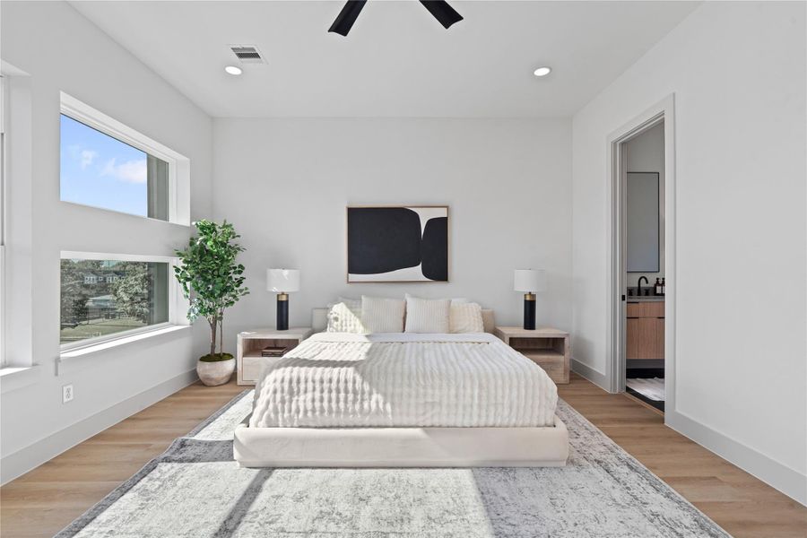 A magazine-worthy primary suite, framed by natural light & LED accents, paired with an equally refined ensuite bath. A magazine-worthy primary suite, framed by natural light & LED accents, paired with an equally refined ensuite bath.