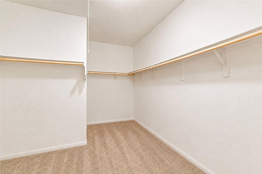 Primary walk-in closet offers ample storage with built-in shelving and hanging rods.