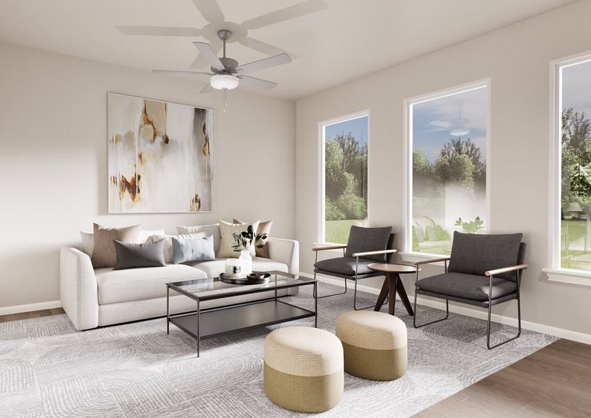 Modern living room with a beige sofa, gray chairs, and abstract art on the wall. Large windows bring in natural light. Soft, neutral tones create a serene atmosphere.