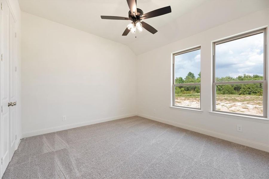 Carpeted spare room with a healthy amount of sunlight, ceiling fan, and vaulted ceiling