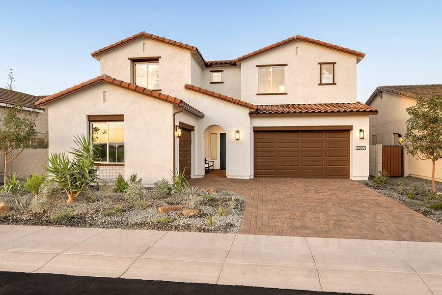 Representative exterior photo of a completed home built from the Ventana Plan 4507 by Tri Pointe Homes in Molino at Soleo, Queen Creek, AZ (Image 1).