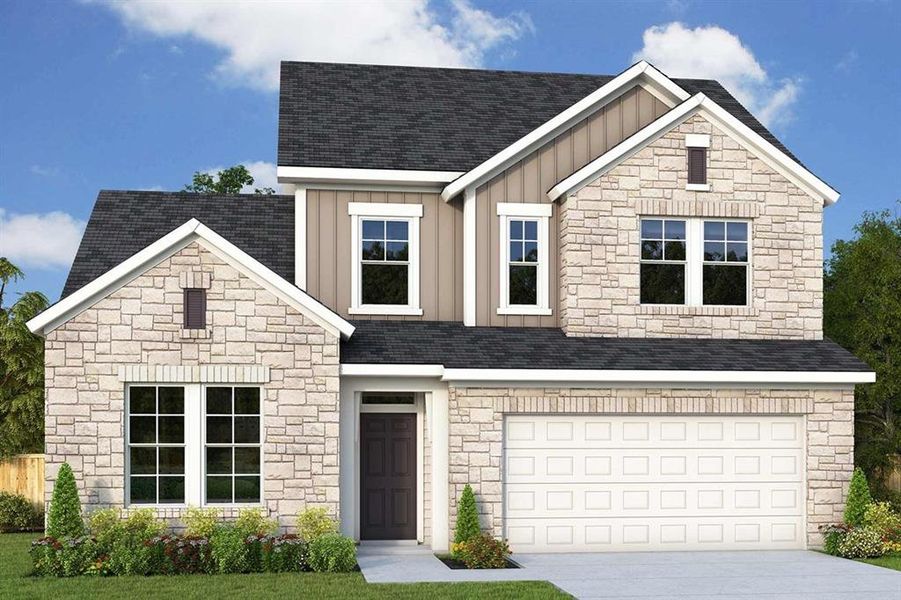 Front exterior of a new home in Treeline, Justin, TX, highlighting curb appeal (Image 1).