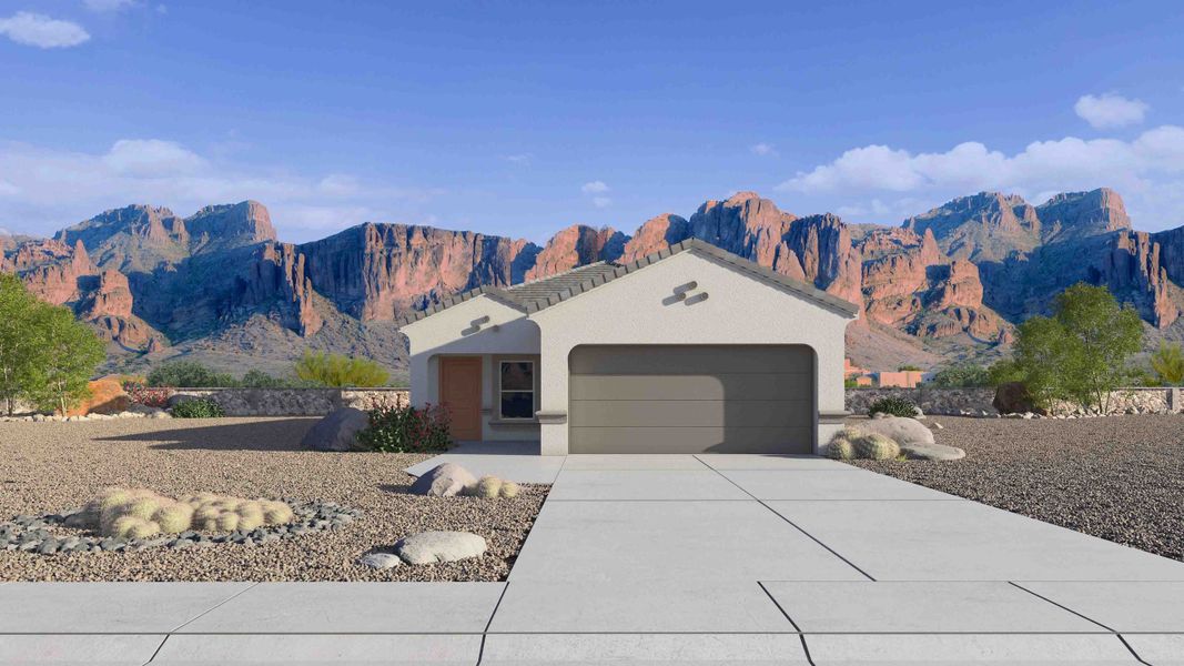 Front exterior of a new home in Heartland Ranch, Coolidge, AZ, highlighting curb appeal (Image 1). Front exterior of a new home in Heartland Ranch, Coolidge, AZ, highlighting curb appeal (Image 1).