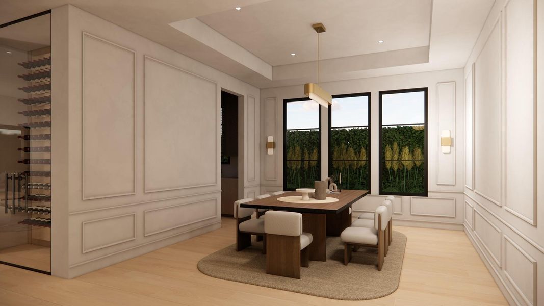 Artist Rendering of Formal Dining Room. Guests are greeted by white oak wood floors & soaring ceiling in the front entry. Formal Dining Room offers large windows, trayed ceiling, custom millwork and designer selected fixtures. Just off the Dining area are both a Wine Room & Butler's Pantry.