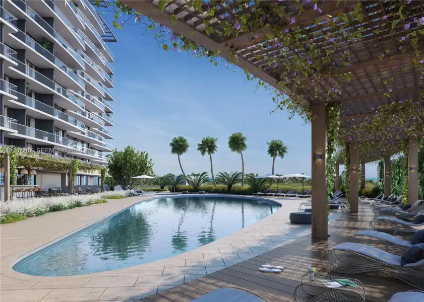 Swimming pool with stone surround, extensive wood-finish pergola, and integrated exterior lighting Swimming pool with stone surround, extensive wood-finish pergola, and integrated exterior lighting