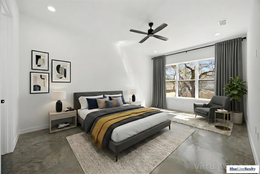 Bedroom with finished concrete flooring, ceiling fan, and recessed lighting