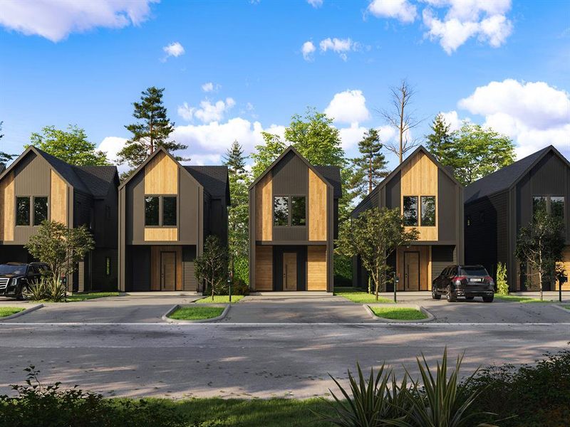 Modern townhomes with striking dark exteriors and warm wood accents, featuring pitched roofs and attached garages, situated in a serene neighborhood with lush greenery.