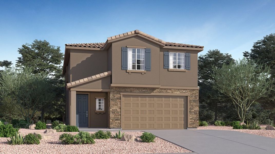 Front exterior of a new home in Monarch, Marana, AZ, highlighting curb appeal (Image 1). Front exterior of a new home in Monarch, Marana, AZ, highlighting curb appeal (Image 1).