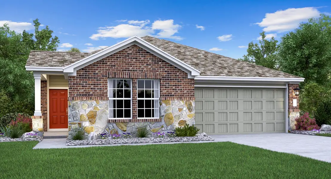 Front exterior of a new home in Cotton Brook: Highlands 3 Car Collection, Hutto, TX, highlighting curb appeal (Image 1).