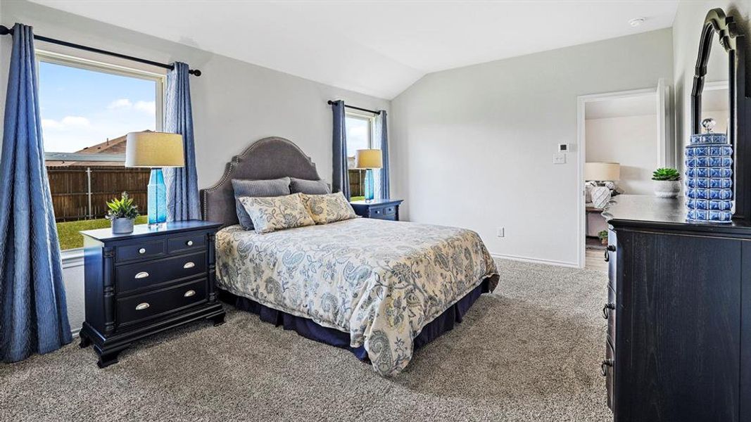 Carpeted bedroom featuring vaulted ceilings, light gray wall paint, and two windows providing outdoor light