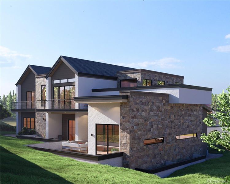 Rendering of new luxury home coming soon showcasing multiple outdoor entertainment areas with panoramic mountain views.