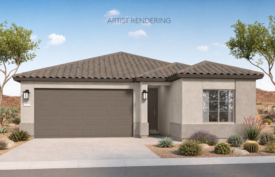 Representative exterior photo of a completed home built from the Sunbird by Pulte Homes in San Madera, Buckeye, AZ (Image 1). Representative exterior photo of a completed home built from the Sunbird by Pulte Homes in San Madera, Buckeye, AZ (Image 1).