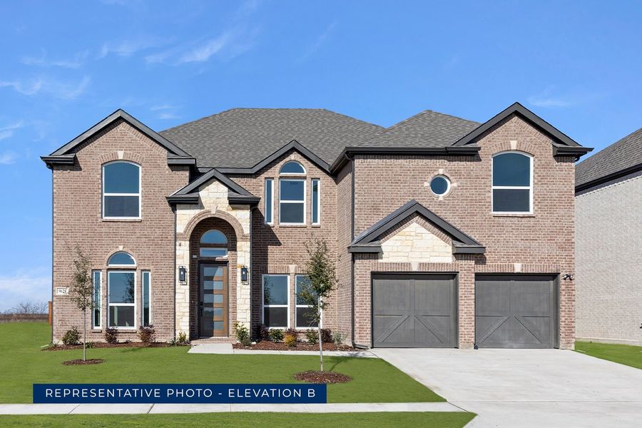 Representative exterior photo of a completed home built from the Hillcrest 2F (w/Media) by First Texas Homes in Cambridge Estates, Prosper, TX (Image 8).