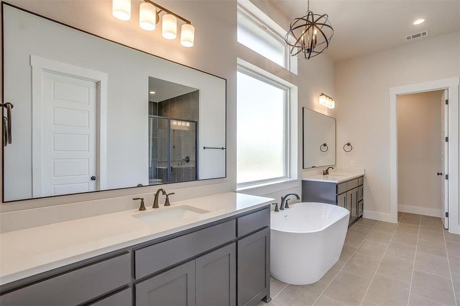 Full bathroom featuring visible vents, a sink, a stall shower, and a soaking tub