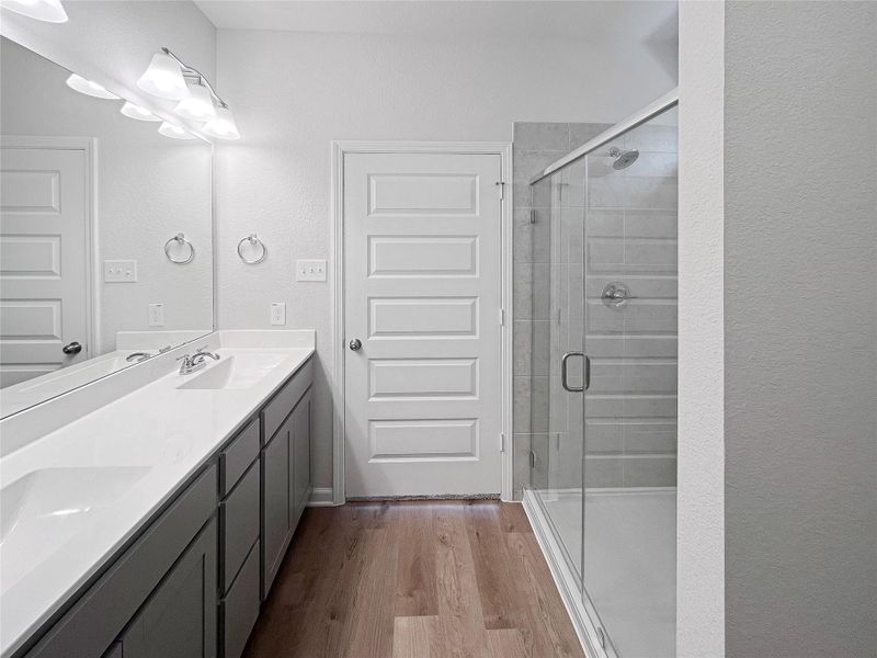 The Caldwell- Primary Bathroom with Large Shower and Dual Vanities. Sample image for illustration; upgrades, options, and colors may vary.