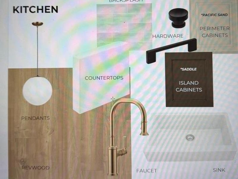 Design Board, Kitchen Finishes. Presenting material and fixture selections for the property's kitchen area Design Board, Kitchen Finishes. Presenting material and fixture selections for the property's kitchen area