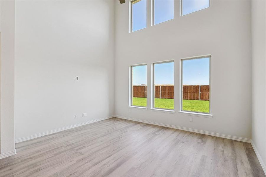 Unfurnished room featuring a wealth of natural light, a high ceiling, and light hardwood / wood-style floors