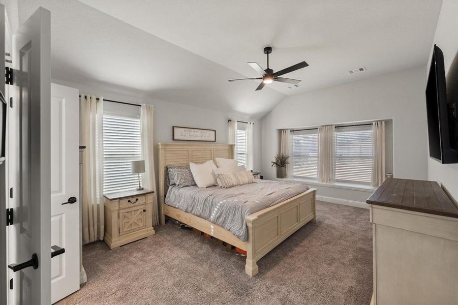 Bedroom featuring vaulted ceiling, dark carpet, and a ceiling fan