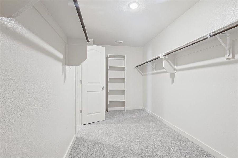 Walk in closet featuring light carpet