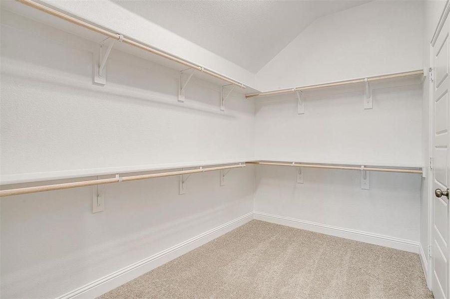 Walk in closet featuring carpet flooring and lofted ceiling