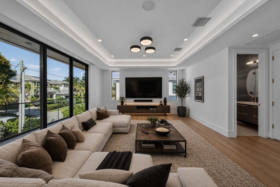 Modern minimalist lounge with tropical v